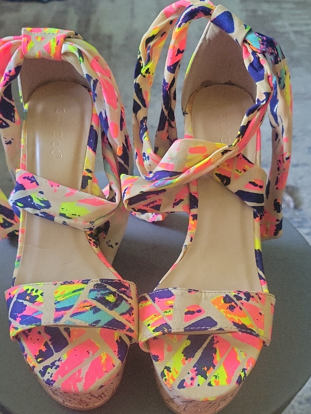 BAMBOO Neon Abstract Print Ankle-Tie Wedge Sandals